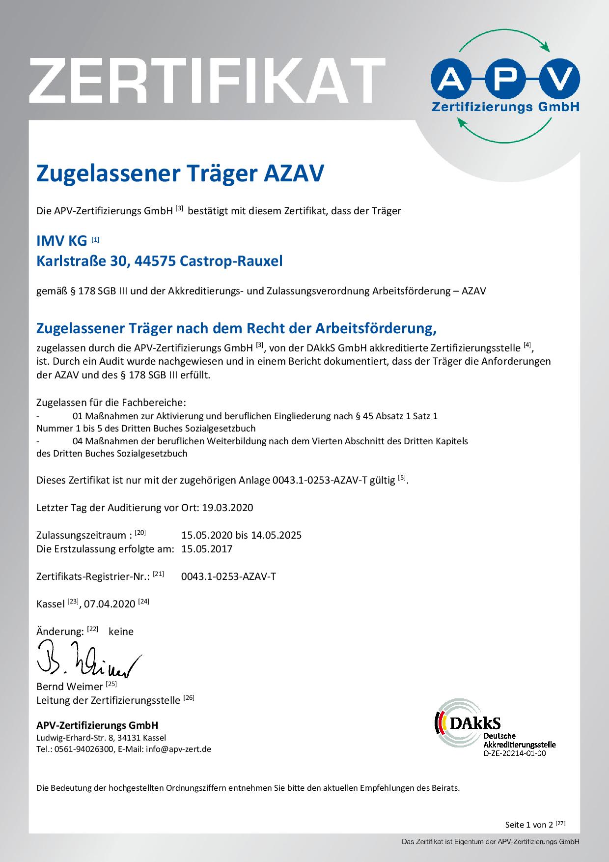 2020-04-07_Zertifikat AZAV Zentrale und Standorte-1 Zertifikat zum Zugelassener Träger AZAV für IMV